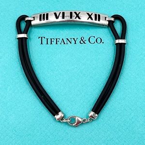 Authentic Tiffany & Co Atlas Roman Numeral Bar Black Rubber Cord Bracelet